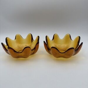 VTG Set of 2 BLENKO Art Glass Amber Lotus Bowls Hand Blown 8 Finger Scallop MCM